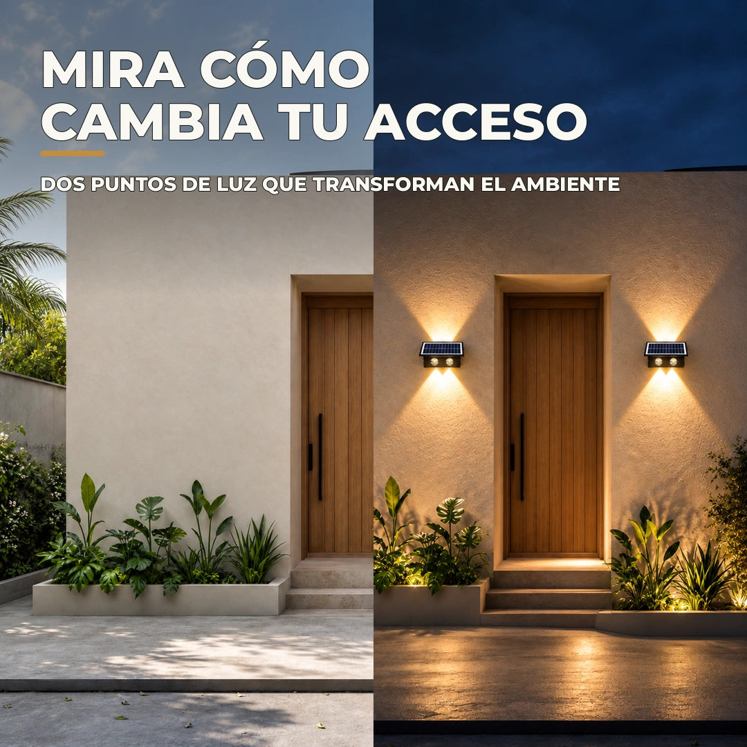 Dos lámparas solares negras instaladas en un acceso residencial
