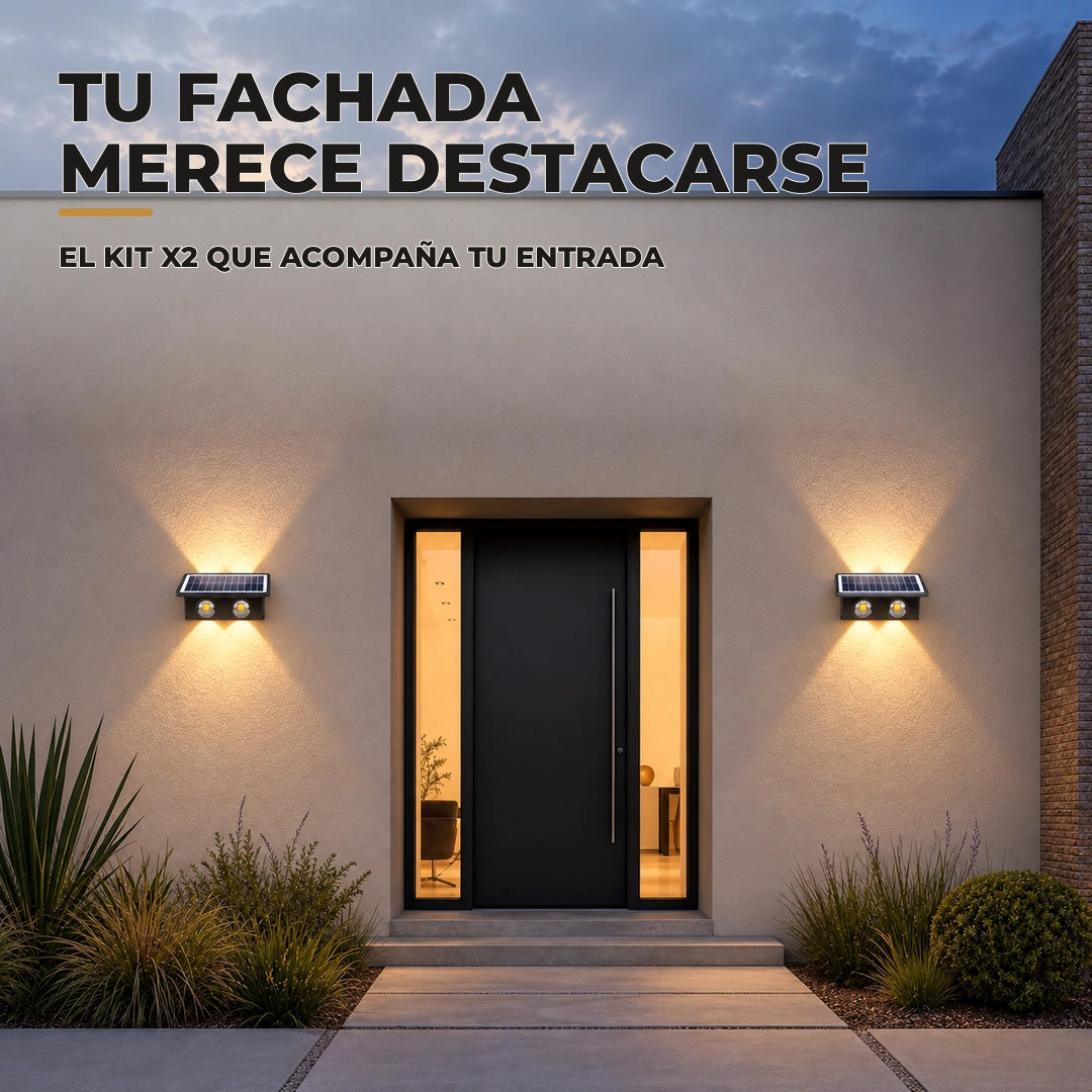 Fachada moderna iluminada con dos apliques solares negros