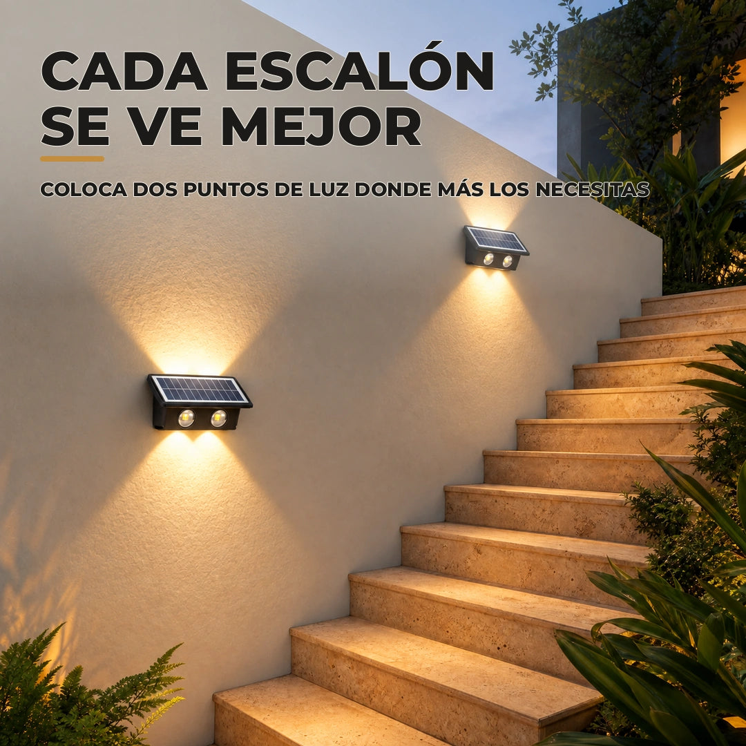 Escalera exterior iluminada con lámparas solares negras