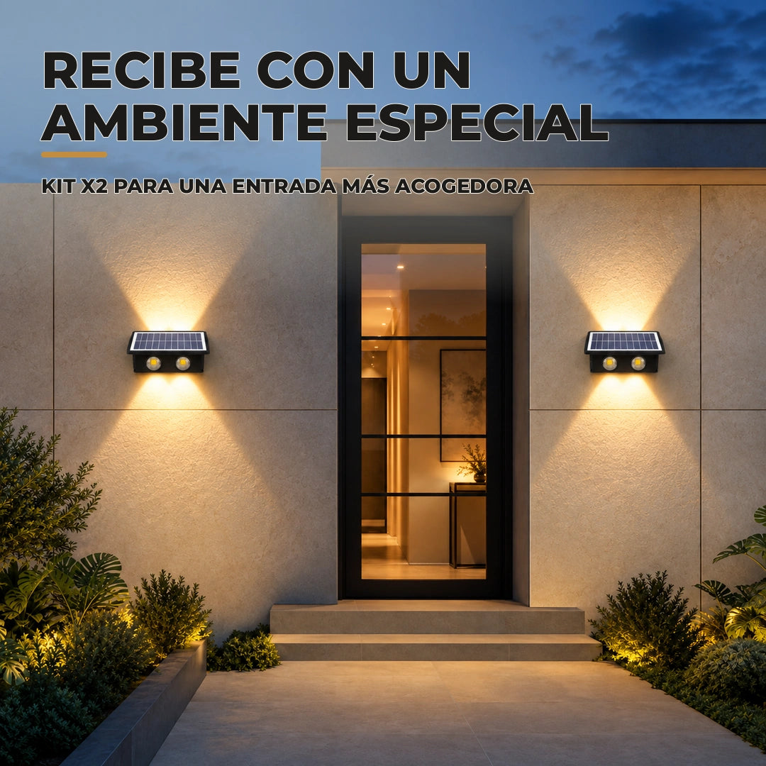 Entrada residencial con dos apliques solares a cada lado