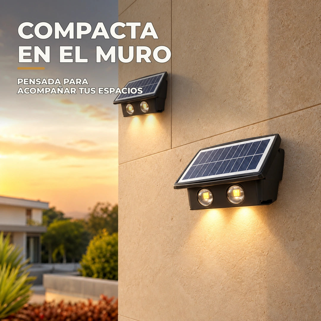 Lámpara solar negra compacta instalada sobre un muro