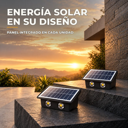 Dos lámparas solares negras con panel integrado en cada unidad