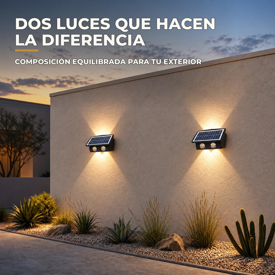 Dos lámparas solares negras instaladas simétricamente en un muro