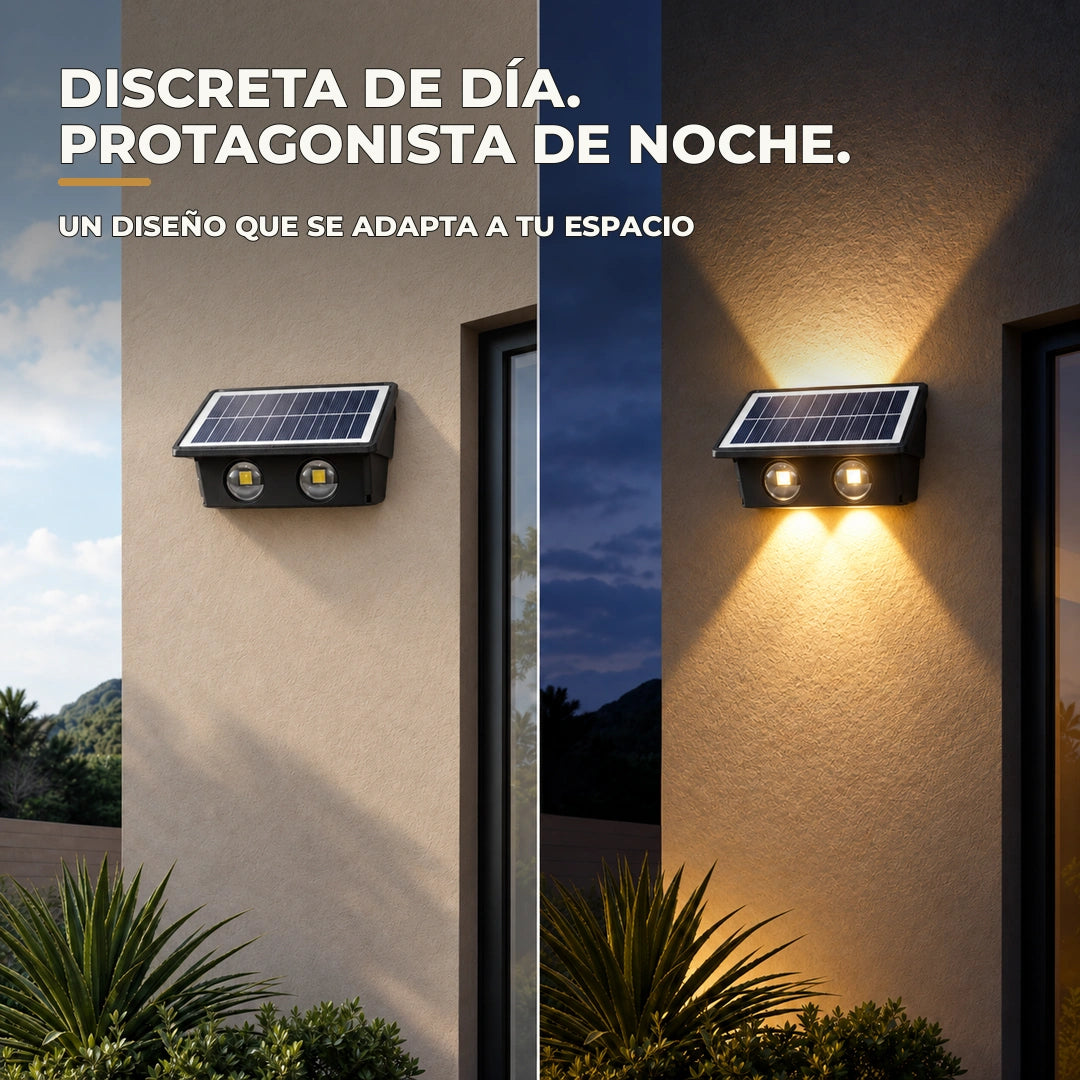 Lámpara solar negra mostrada durante el día y encendida de noche