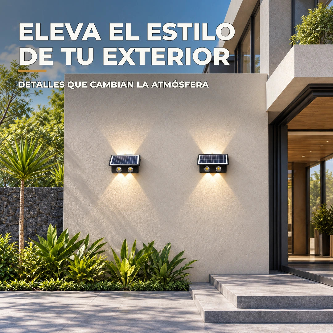 Fachada contemporánea con dos apliques solares negros