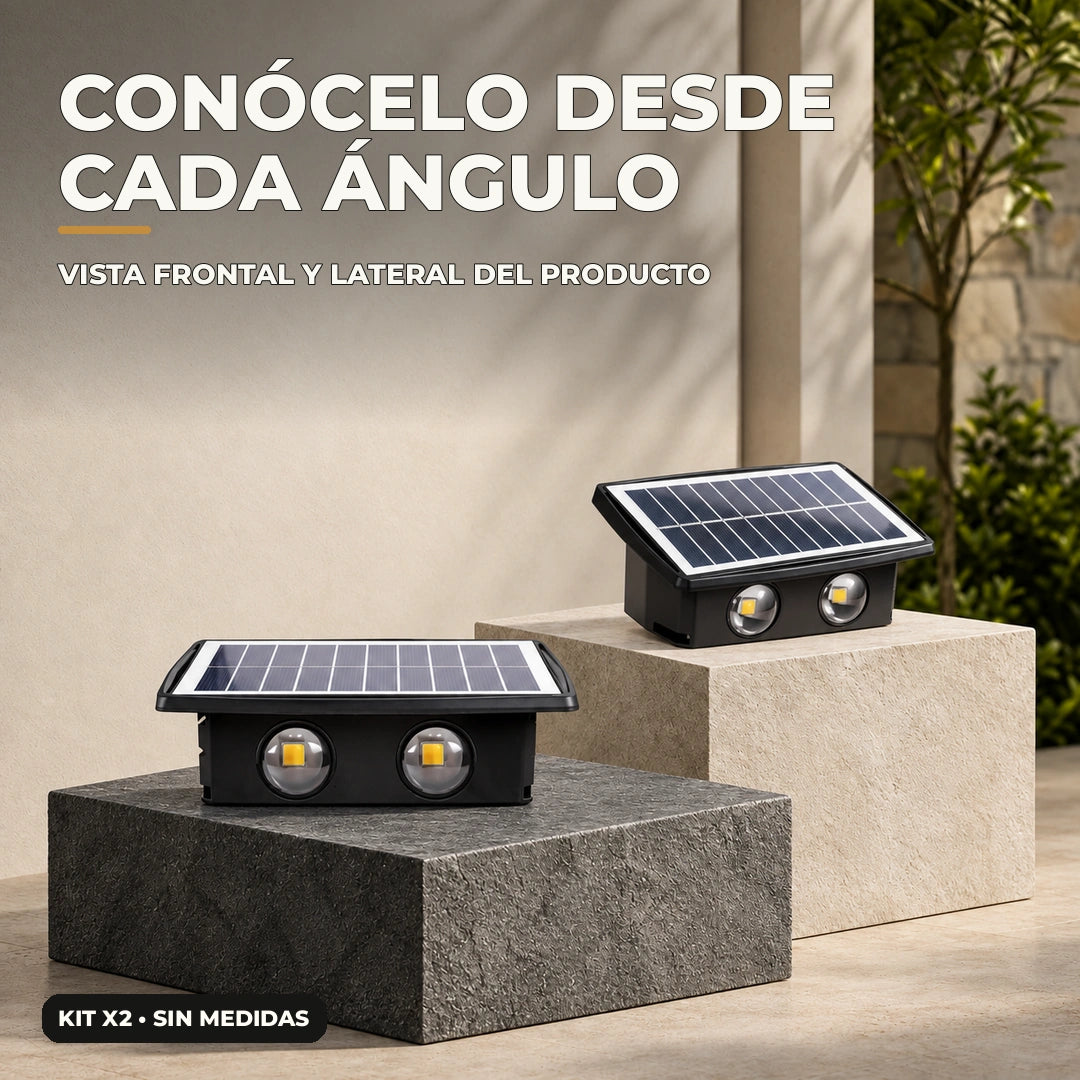 Vistas frontal y lateral de la lámpara solar negra de doble lente
